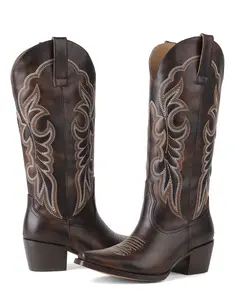 Western Cowboy Boots Pointed Closed Toe Knee High Wide Calf Embroidered Boot Pull On Chunky High Heels Shoes Party Daily size plus booties outdoorfun