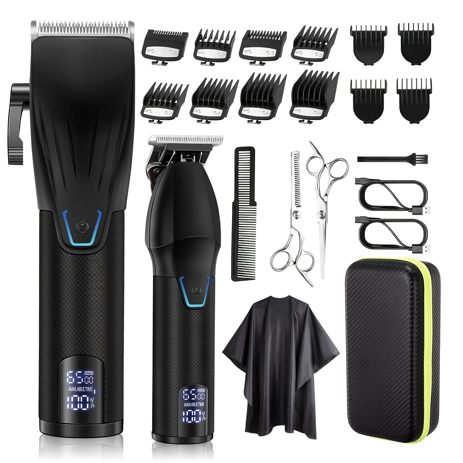 Professional Hair Clipper & Trimmer Set Cordless with LED Display Long Lasting Battery 1600mAh Includes 8 Guides & Scissors Hair Clippers Set Hair Cutting Kits Black