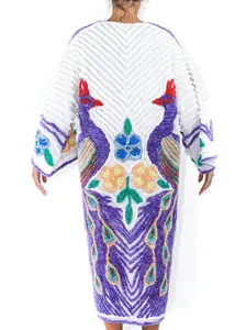 MORPHEW COLLECTION Purple & White Cotton Hand Embroidered Chenille Peacock Beach Coat