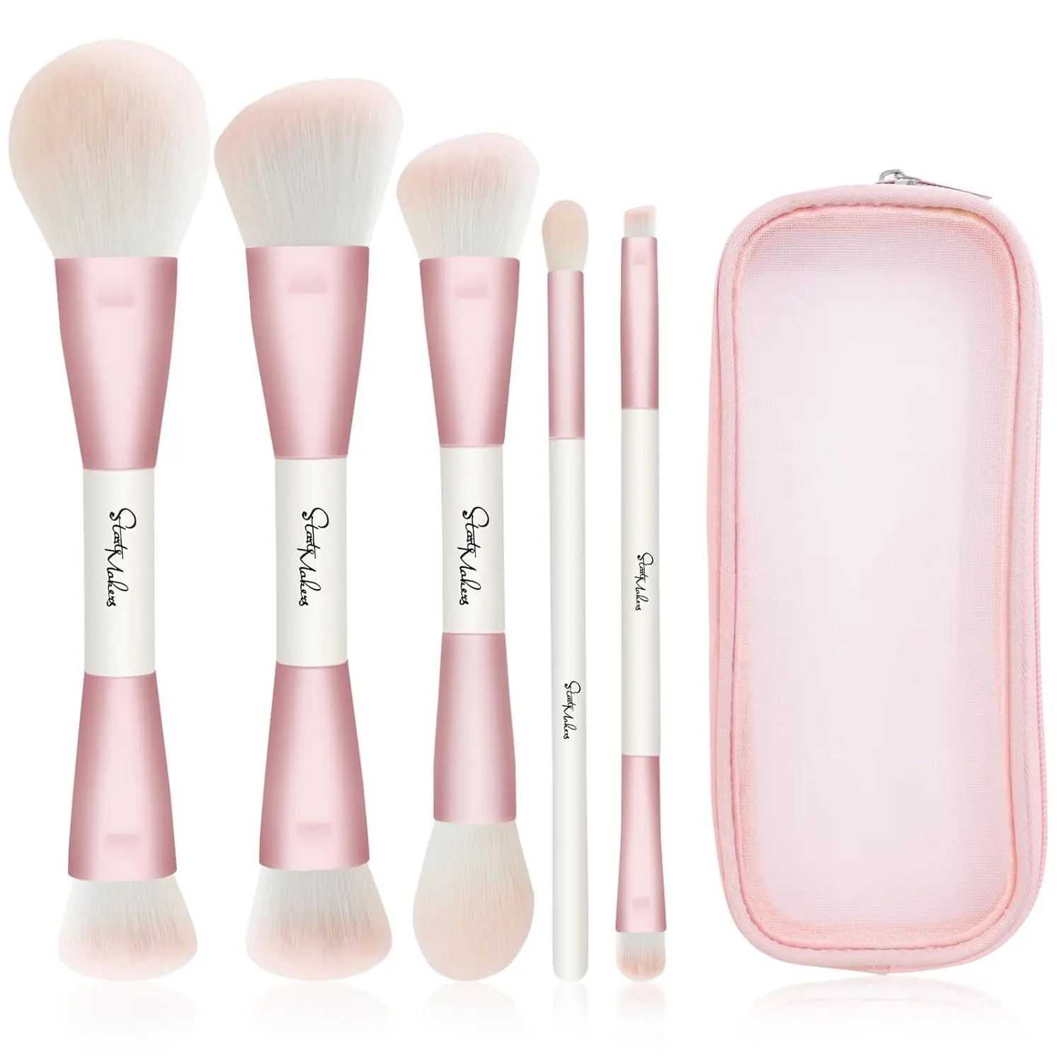 Premium 5Pcs Dual-Ended Makeup Brush Set| Ultra Soft Bristles for Foundation Blush Bronzer Concealer Contour Powder Highlight Eyebrow Eyeshadow Blending| Strong Grip&High Pigment| Portable Makeup Brushes with Travel Bag, Gift for PRO, MUA, Women and Girls
