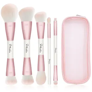 START MAKERS Makeup Brushes 5Pcs Dual Ended Pink Makeup Brush Set for Foundation Blush Bronzer Concealer Contour Powder Highlight Eyebrow Eyeshadow Blending, Travel Makeup Brushes with Bag Colorful Brush Set with Powder Puff Nylon Bristle
