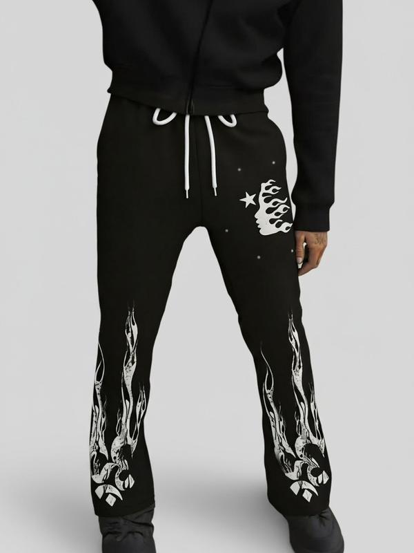 Unisex Black Flame & Star Graphic Print Sweatpants Streetwear Gothic Casual Drawstring Joggers 100% Polyester Unique Design