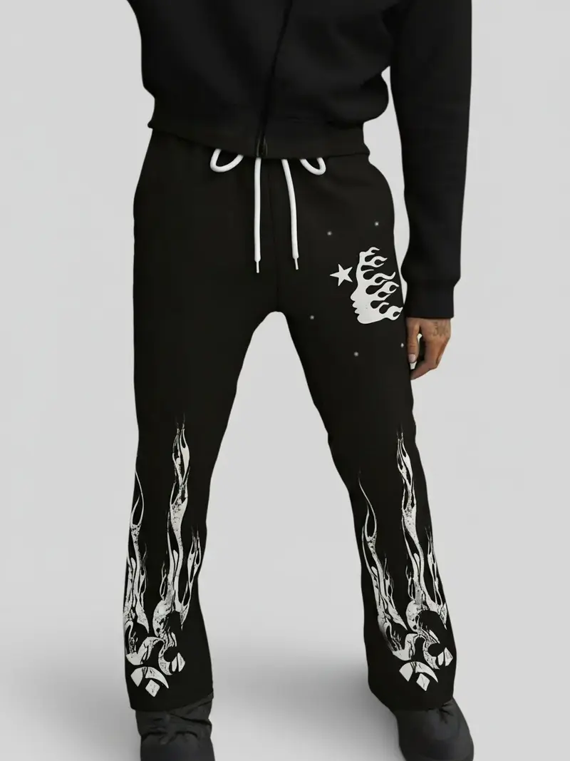 Unisex Black Flame & Star Graphic Print Sweatpants Streetwear Gothic Casual Drawstring Joggers 100% Polyester Unique Design