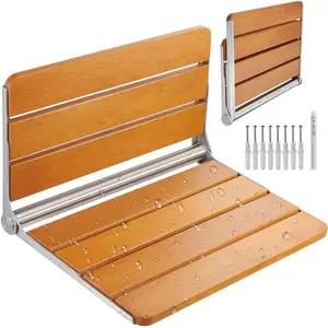VEVOR Folding Teak Shower Seat,  20.9 x 16'' Unfolded, Wall Mounted Fold Up Shower Bench with 500 lbs Load Capacity, Space Saving Home Care Fold Down Shower Chair, for Seniors Pregnant Smooth Stainless