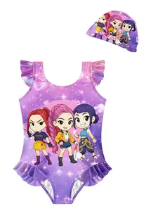 Girls One-Piece Swimsuit with Swim Cap, Chibi Anime Girl Group & Purple Galaxy Print Ruffle Bathing Suit