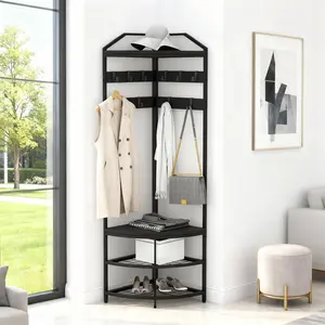 Corner Coat Rack, Coat Rack with 4 Shelves, Shoe and Coats Racks for Entryway, Heavy Duty Coats Racks with 6 Movable Hooks, Entryway Hall Tree for Hallway Bedroom and Office