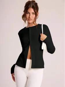 Women's Solid Color Half Button Cropped Cardigan, Casual Long Sleeve Round Neck Knitwear for Spring & Fall, Fashion Women's Knit Clothing for Daily Wear, Casual Everyday Wear, Tops, Basic, Womenswear