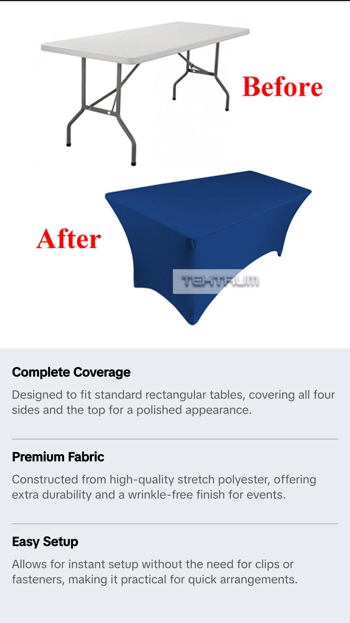 Tektrum  4ft/6ft/8ft Long Rectangular Stretch Tablecloth, Spandex Jacket Cover, Tight Fit Linen-Fitted Table Cover For Trade Show, DJ, Wedding, Party, Banquet, Event, Kiosk, Vendor - Premium Fabric (Blue)