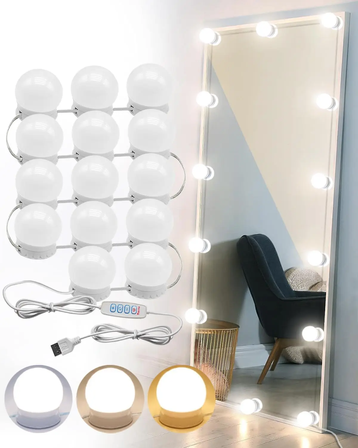 Hollywood-Style Plastic LED Vanity Mirror Lights with 14 Dimmable Bulbs - Stick-On Indoor Vanity Aesthetic Lighting for Girls, Adjustable Cool-Warm/Warm Light, Brightness Control, USB Cable