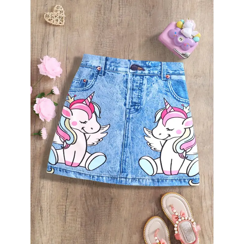 Girl’s Fitted A-Line Skirt - Cartoon Unicorn Graphic Print, Faux Denim Casual Bottom for Daily Wear, Year-Round Kids’ Fashion, Cartoon Unicorns, Girl’s Skirt, Clothes, 6Y, Unicorn Print