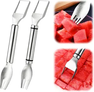 2-in-1 Watermelon Slicer & Fork – 2-Pack Stainless Steel Fruit Cutter Tool for Watermelon, Mango, Pitaya – Portable for Camping, Picnics, Home, Parties – Effortless Cubes & No Mess
