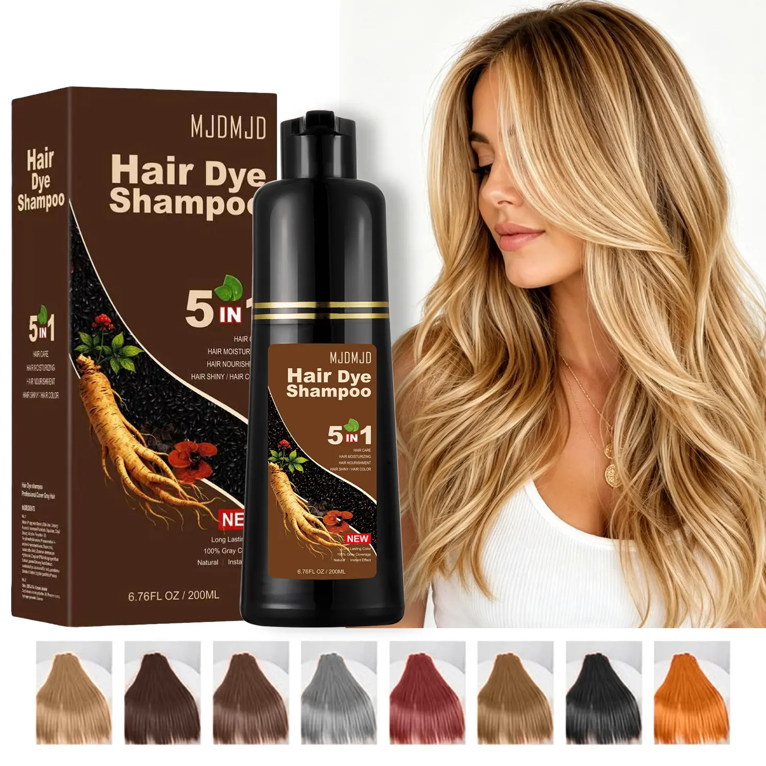 MJDMJD Blonde Brown Hair Dye Shampoo 5-in-1, 200ml Semi-Permanent Hair Color Shampoo for Gray Coverage & Root Touch Up, Natural Herbal Formula, 20-Minute Quick Coloring, Long-Lasting Color, Ammonia-Free, for Women & Men