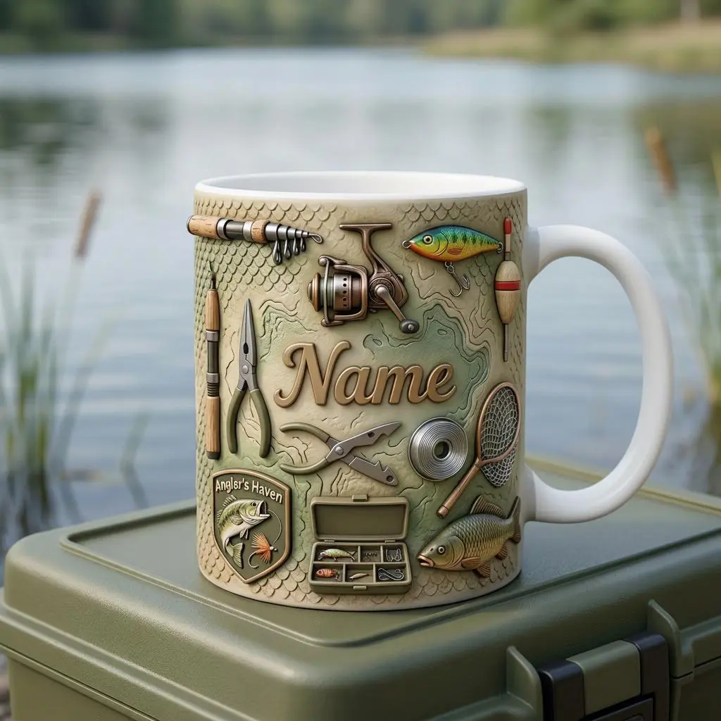 Fishing Mug, 2D Printed 3D Effect Cast Line Coffee Cup, Faux 3D River Life Fishing Mug for Fishermen and Outdoor Hobby Lovers, Rustic Lake Cabin Style Coffee Mug, Perfect Father’s Day Birthday Christmas Gift for Fishing Enthusiasts
