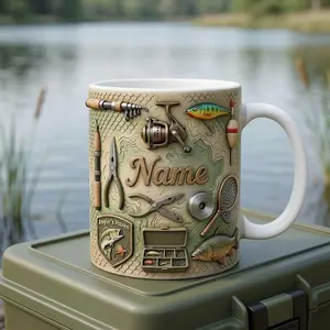 Fishing Mug, 2D Printed 3D Effect Cast Line Coffee Cup, Faux 3D River Life Fishing Mug for Fishermen and Outdoor Hobby Lovers, Rustic Lake Cabin Style Coffee Mug, Perfect Father’s Day Birthday Christmas Gift for Fishing Enthusiasts