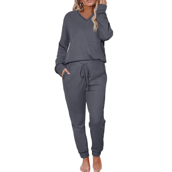 Becotal Womens Two Piece Outfits Lounge Sets Waffle Knit Long Sleeve Pullover Tops and Jogger Sweatpants Tracksuits with V Neckline Adjustable Drawstring Waist and 2 Side Pockets - Bottoms Spring