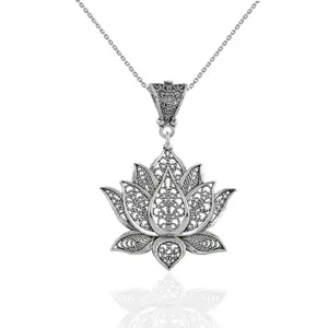 Filigree Art Sterling Silver Lotus Flower Women Pendant Necklace