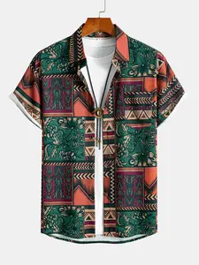 Men's Ethnic Aztec Print Short Sleeve Shirt, Casual Button Down Summer Beach Aloha Boho Tops, Stylish and Comfortable Clothing for Men