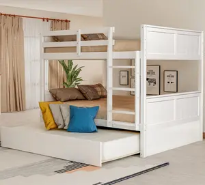 Full Over Full Bunk Bed with Pullout Trundle, Convertible 2-in-1 Bunk Bed Separates into Two Full Beds, Solid Pine Wood Frame with Safety Guardrails, No Box Spring Needed, Space-Saving Bedroom Set for Kids, Teens, Guests