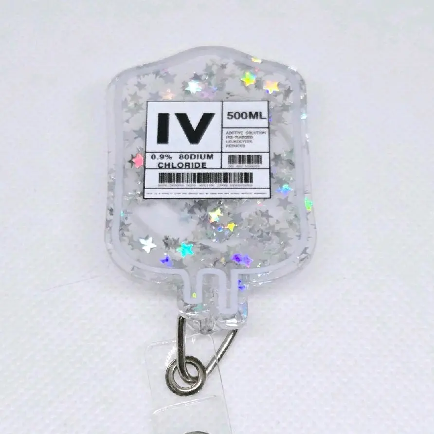 Glitter IV Bag Acrylic Retractable Badge ID Reel Belt or Alligator Clip Available Perfect for Nurses and Pharmacists nurse doctor identification supply id badge hospital worker