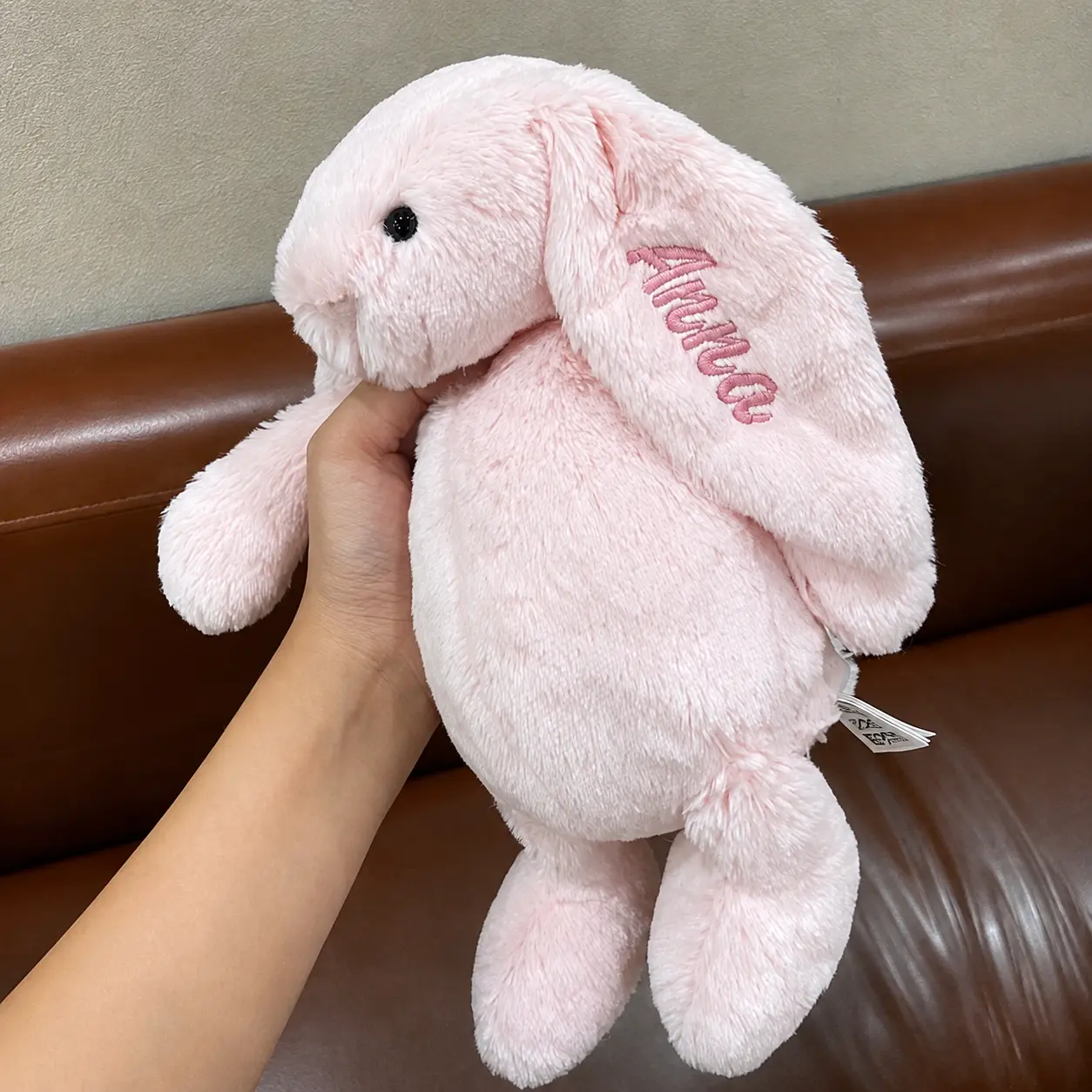 Personalized Jellycat Bunny Plush with Custom Name Embroidery on Ear, Soft Stuffed Rabbit Gift for Birthdays and Baby Showers