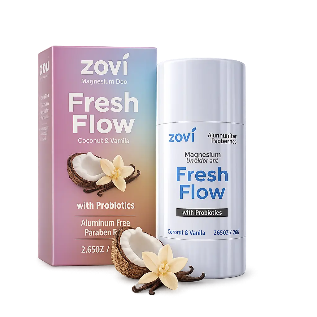 Zovi Fresh Flow Magnesium Deo with Probiotics Coconut and Vanilla Aluminum Free Paraben Free Baking Soda Free Sulfates Free Alcohol Free Skincare Suitable for Sensitive and Dry Skin All-Day Odor Protection with Shea Butter Women Men Unisex 2.65 oz 75 g