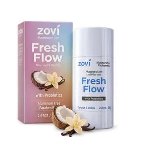 Zovi Fresh Flow Magnesium Deo with Probiotics Coconut and Vanilla Aluminum Free Paraben Free Baking Soda Free Sulfates Free Alcohol Free Skincare Suitable for Sensitive and Dry Skin All-Day Odor Protection with Shea Butter Women Men Unisex 2.65 oz 75 g