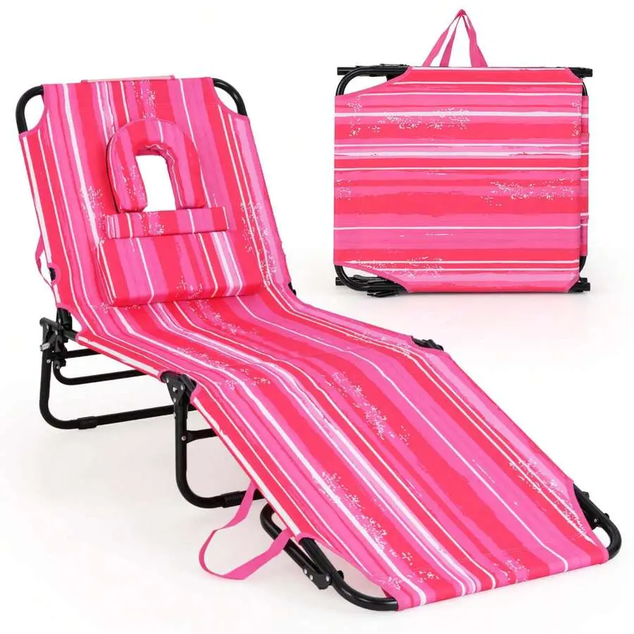 Outdoor Chaise Lounger - Patio Folding Portable Sun Lounger with Face Hole Pillows, 5-Position Adjustable Backrest, Reclining Tanning Sunbathing Chaise Lounge, 15 Lbs