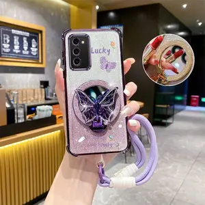 A03s Fashion Series Advanced Braided Tape Strap Lanyard Phone Holder Case For Compatible With Samsung Galaxy A03s Transparent Glitter Shiny Cover Casing and Protective Impact Resistant Lucky Butterfly Sunflower Protector Cases