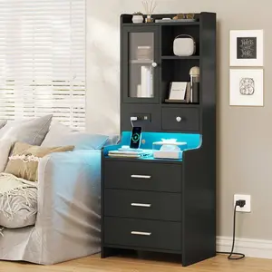 Sikaic LED Tall Nightstand With Charging Station Drawers Shelves Glass Door Storage Lighted Vanity Table Bedside Cabinet