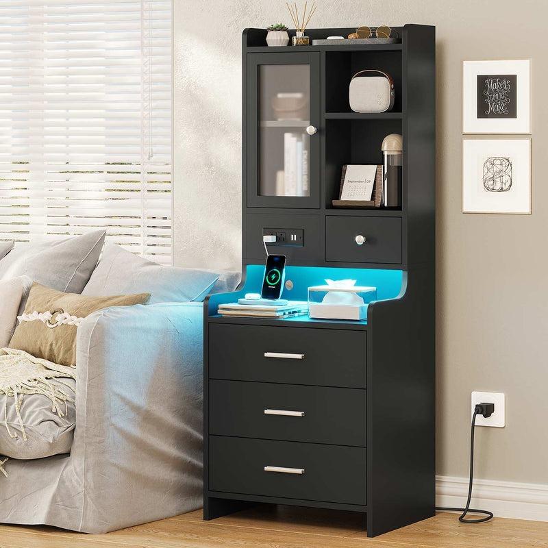 [Spring Sale] Sikaic Tall Nightstand with Charging Station, Black Bedside Table with Drawers & Glass Door, LED Night Sta