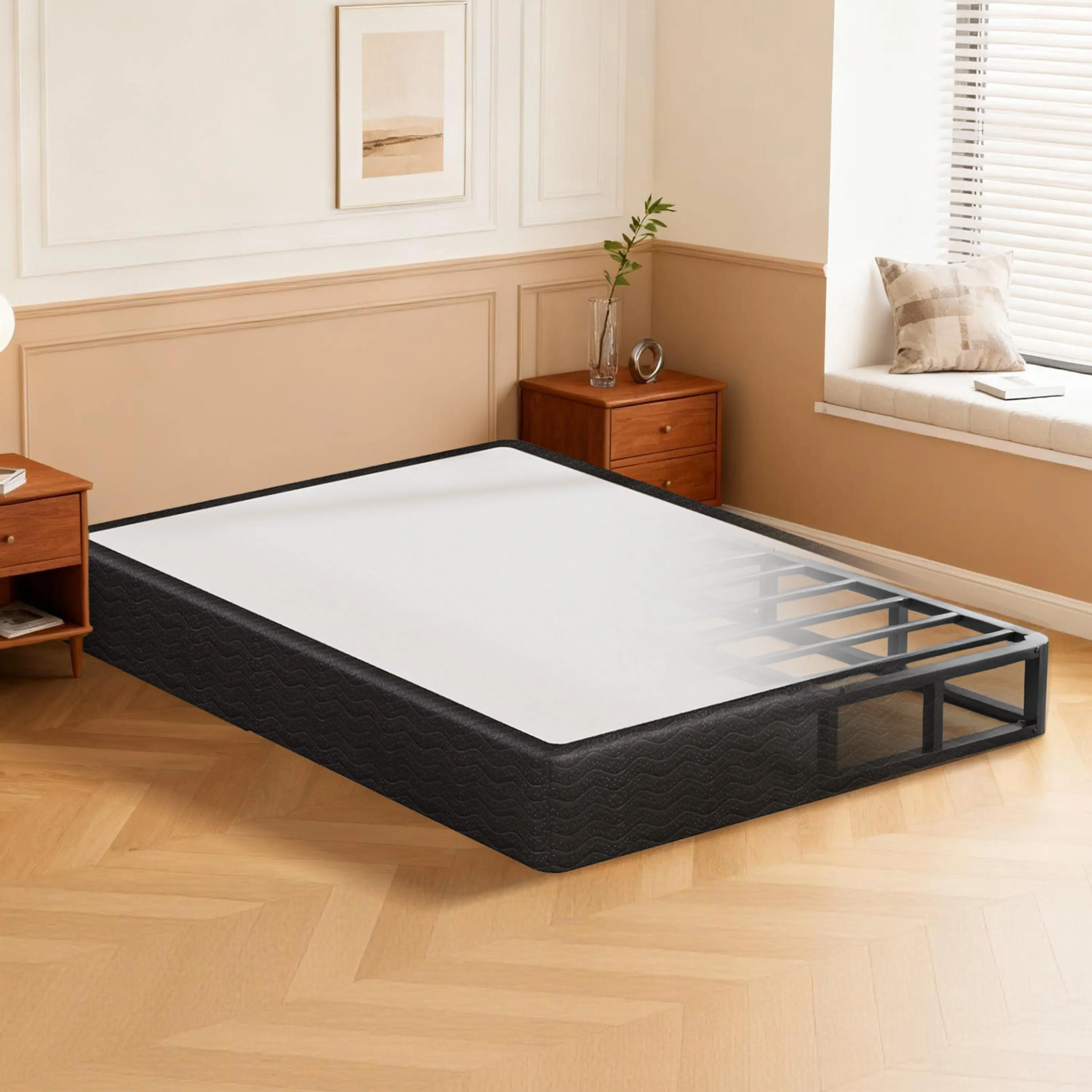 Vipbear Queen Size Slatted Bed Base Box Spring (5 in/9 in), Sturdy Modern Design, 13 Heavy-Duty Metal Slats, 3500lbs Capacity, Rounded Corners, Easy Assembly Required, Fabric Cover for Queen Bed