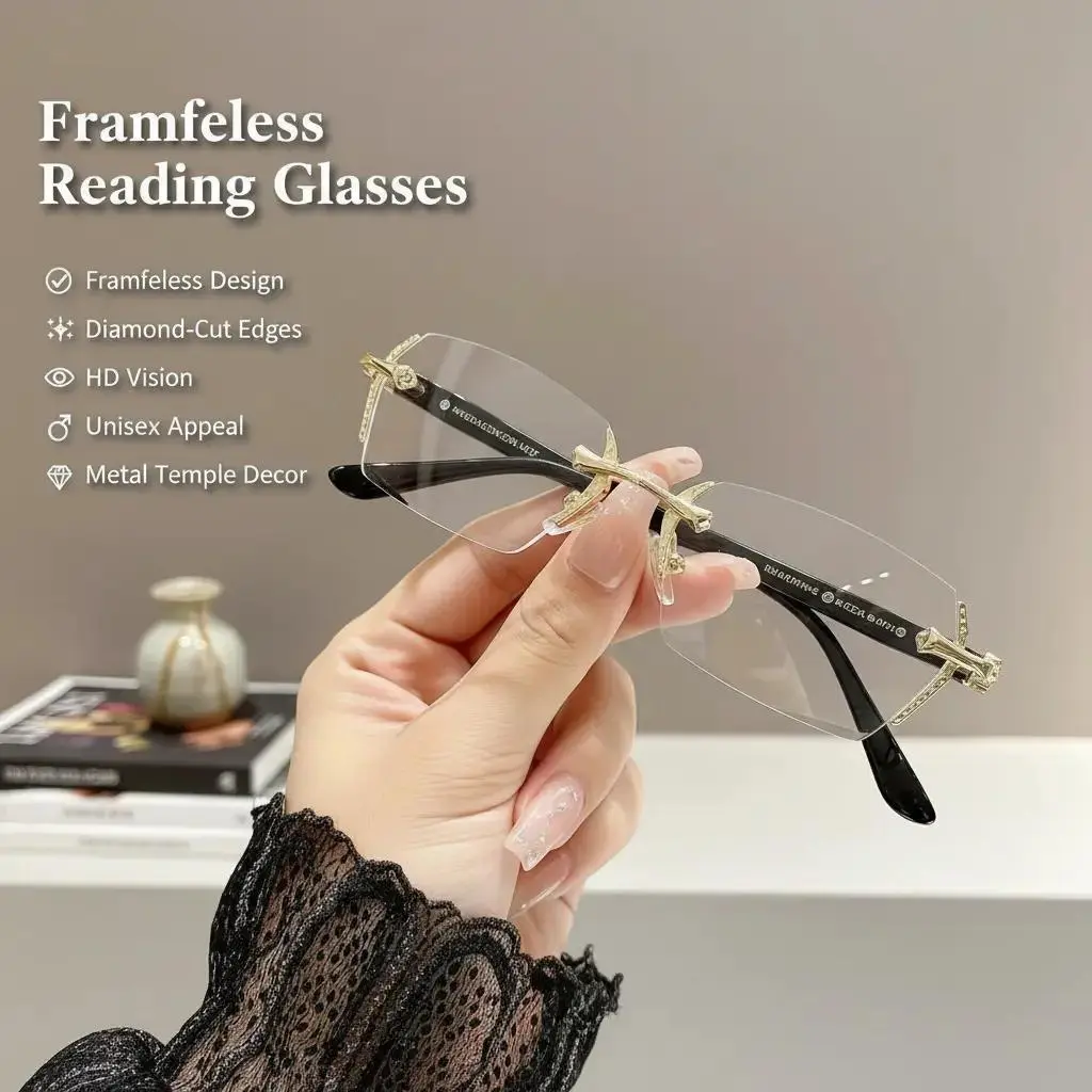 EunoiaLens Frameless Vision Glasses, Rimless Fashion Eyewear with Clear Lenses, Diamond-Cut Edges & Stainless Steel Temple Decor, Unisex Daily Accessories, Great Gifts for Men