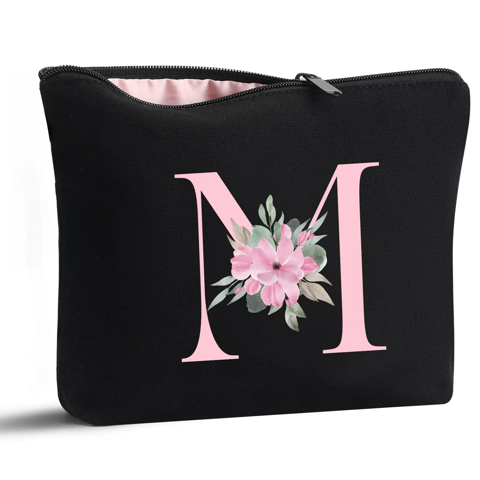 A-Z Personalized Makeup Bag, Birthday Gifts for Women Mom, Gifts for Best Friend, Bride Bridesmaid Cosmetic bag (M, Black)