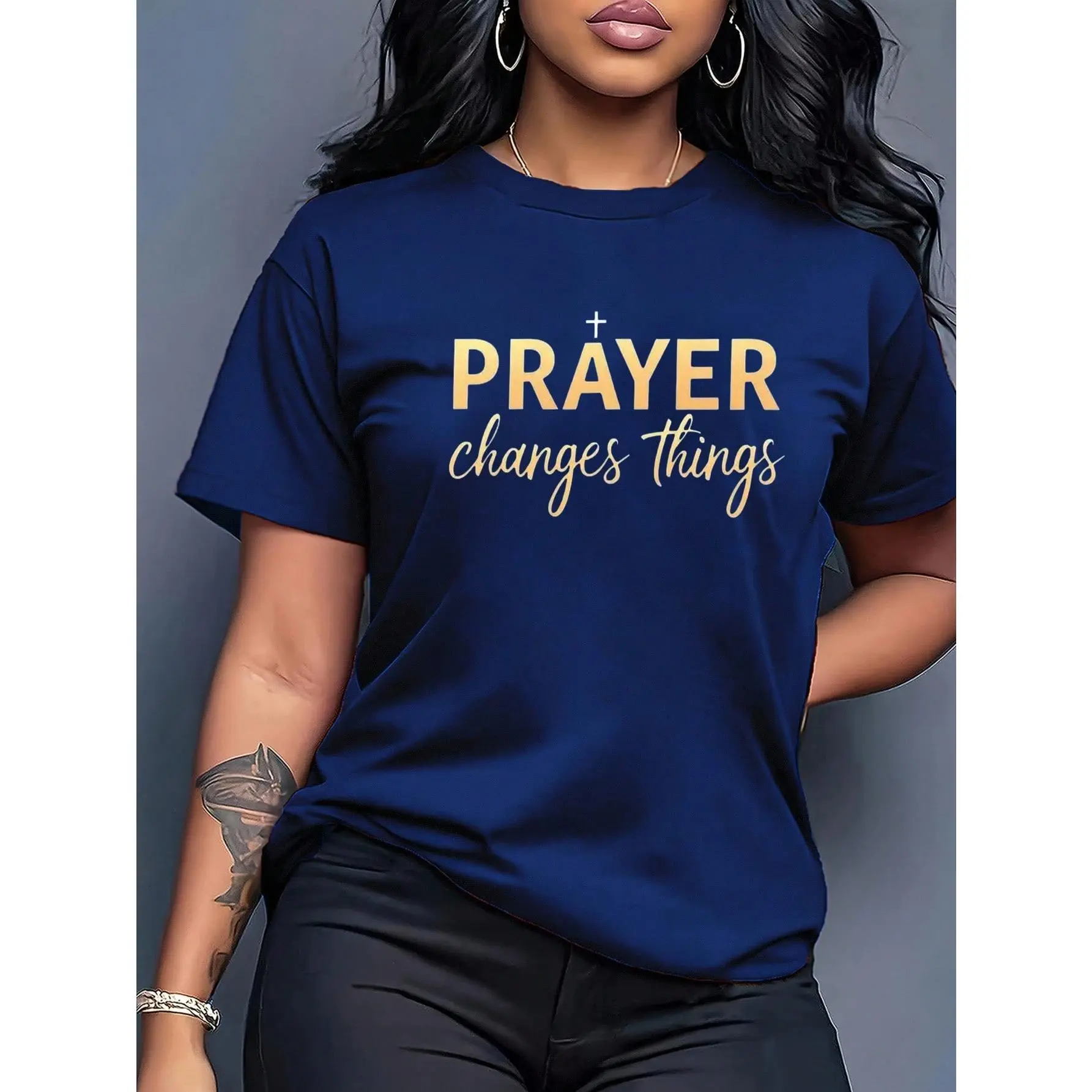 Red And Gold Summer Casual Streetwear City Break Women's Bible Verse T Shirt Inspirational God Gospel Print Plus Size Knitted Round Neck Short Sleeve
