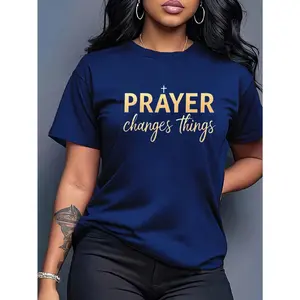 Red And Gold Summer Casual Streetwear City Break Women's Bible Verse T Shirt Inspirational God Gospel Print Plus Size Knitted Round Neck Short Sleeve