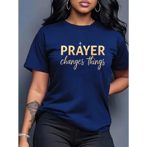 Women's Plus Size Red & Gold Cotton Knitted Round Neck Short-Sleeve Sports Graphic Tee - Medium Stretch, God Gospel Bible Verse All-Over Print, Fit for Streetwear, Christmas Casual Wear, Graphic Tees Women