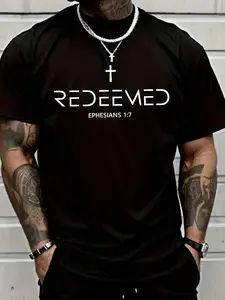 Men’s Black Christian T-Shirt, "REDEEMED" Cross & Ephesians 1:7 Scripture Graphic, Faith-Based Inspirational Tee, Soft Breathable Fabric for Church, Daily Wear & Spiritual Gifts, Ideal for Believers & Bible Study Groups