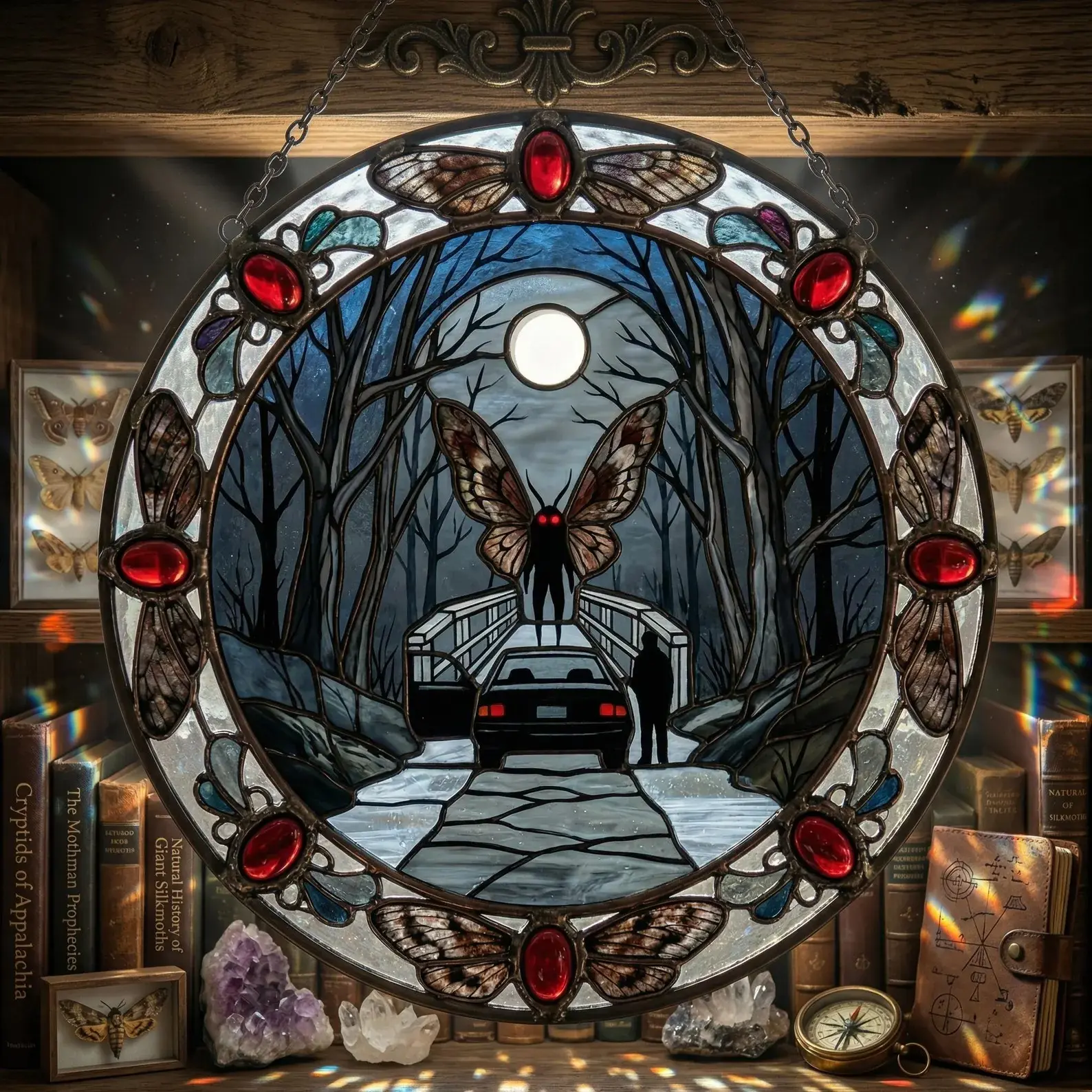 Mothman Stained Glass Suncatcher, Spooky Season Window Hanging Decor, Cryptid Lover Gift