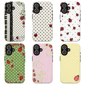 FL-Vintage Ladybug & Polka Dot Phone Case,Retro Polka Dot & Floral Swirl Sweet Girly Cover For iPhone 11 12 13 14 15 16 17 Air Pro Max for Samsung S26 S25 S24 S23 S22 S21 Case,Gift for her/him/summer