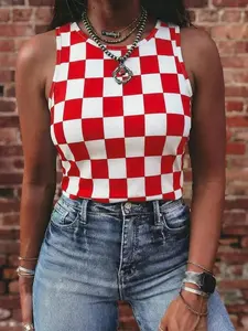 Women's Checkerboard Tank Top Sleeveless Black White Plaid Print Round Neck Slim Fit Stretchy Casual Summer T-Shirt