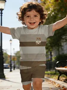 Vintage striped bear digital print short-sleeve set for infants and toddlers, casual kids' clothing for babies, T-shirt suitable for daily and outdoor wear. 100% polyester, a perfect gift for infants and toddlers!