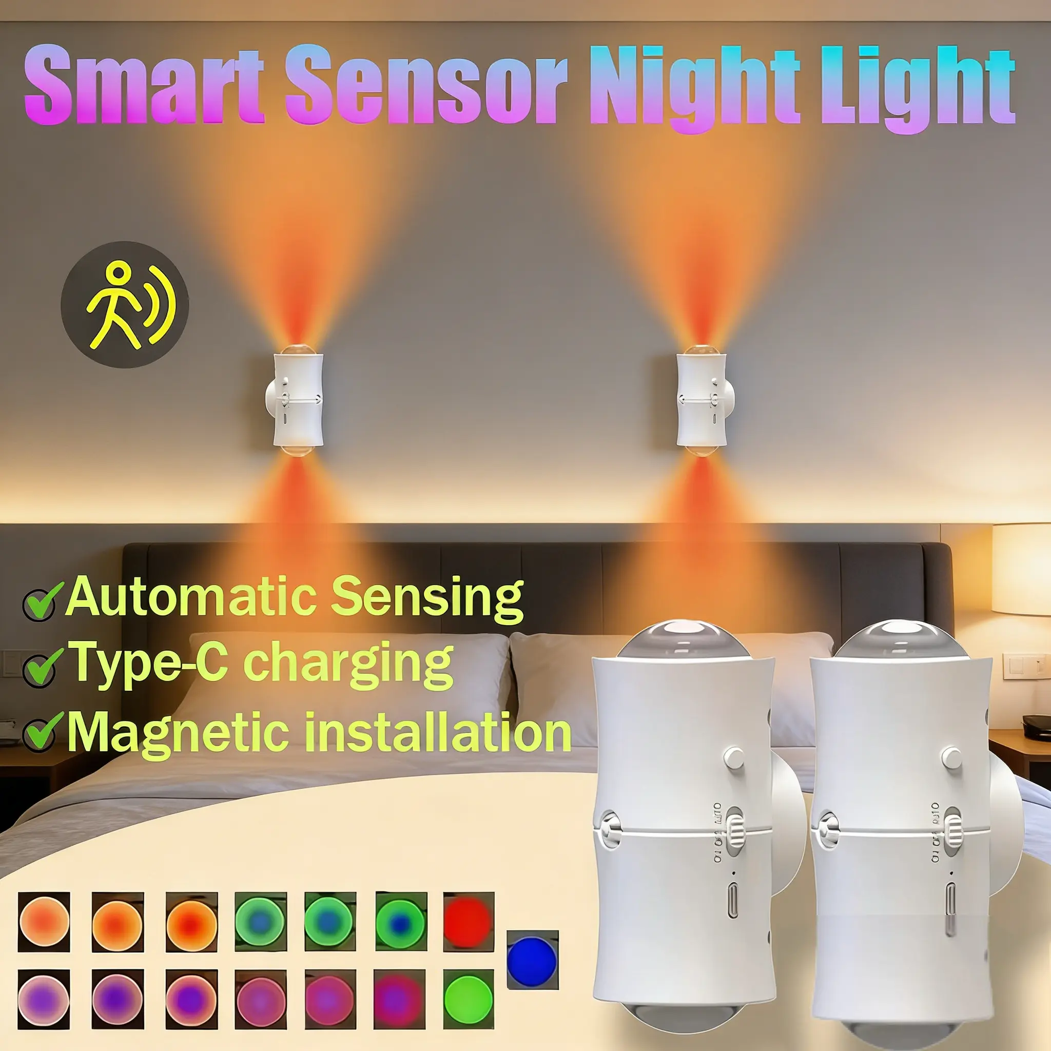 Double-head LED Night Light with MotionSensor 7colors RGB Night Light USB Rechargeable Magnetic Wall Lamp ntelligent Human Inductionfor Cabinet Hallway Stair Lighting