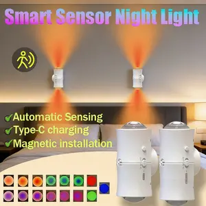 Double-head LED Night Light with MotionSensor 7colors RGB Night Light USB Rechargeable Magnetic Wall Lamp ntelligent Human Inductionfor Cabinet Hallway Stair Lighting