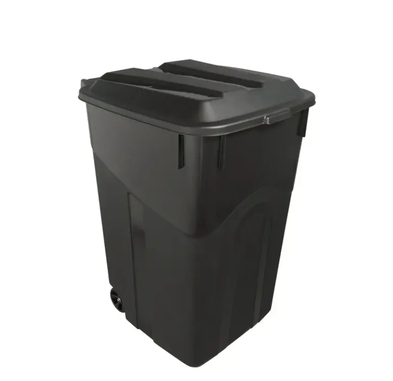45 Gallon Wheeled Heavy Duty Plastic Garbage Can with Attached Lid Black for Outdoor Use 45 Gallon Wheeled Heavy Duty Plastic Garbage Can with Attached Lid Black for Outdoor Use
