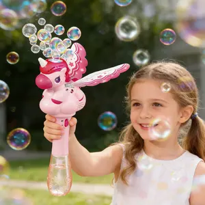 Unicorn Bubble Wand with 100ML Bubble Liquid, Light & Music, 6 Hole Design, Leak-Proof, Summer Water Toy Gift for Girls & Boys 3+