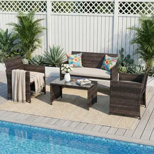 4 Pieces Patio Furniture Set, PE Rattan All-Weather Rattan Outdoor Conversation Furniture, Cushioned Chairs & Bar Table, Perfect for Backyard, Garden, or Porch