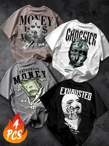 4-Pack American Hip-Hop Streetwear T-Shirts, Bill Mask Print, Men's Loose-Fit Short Sleeve Casual Tops, Trendy Fashion Apparel