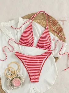 Ladies swimwear bikini, cute red striped pattern swimsuit set, suitable for holiday, beachwear, swim pool and sportswear, suitable for26 years spring and summer holiday music party//girl beach dress.