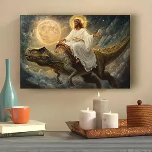 1 Piece Wooden Frame Canvas Art Poster - Jesus Riding a Dinosaur - Surreal Spirit Wall Decoration, Glossy Surface, Dinosaur Themed Design, Living Room, Bedroom, Office - Home Decoration, Office Artwork | Bright Color Poster