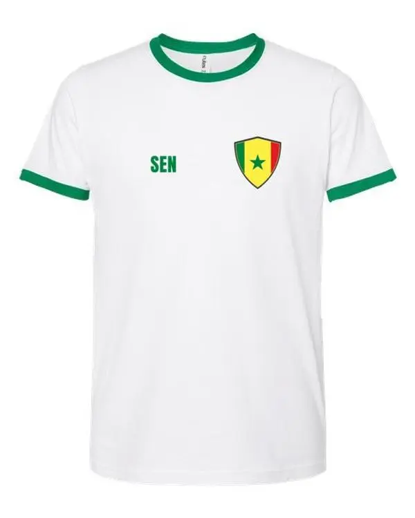 Senegal Soccer Ringer Tee 2026 — Retro National Crest — White/Green | NYC Factory